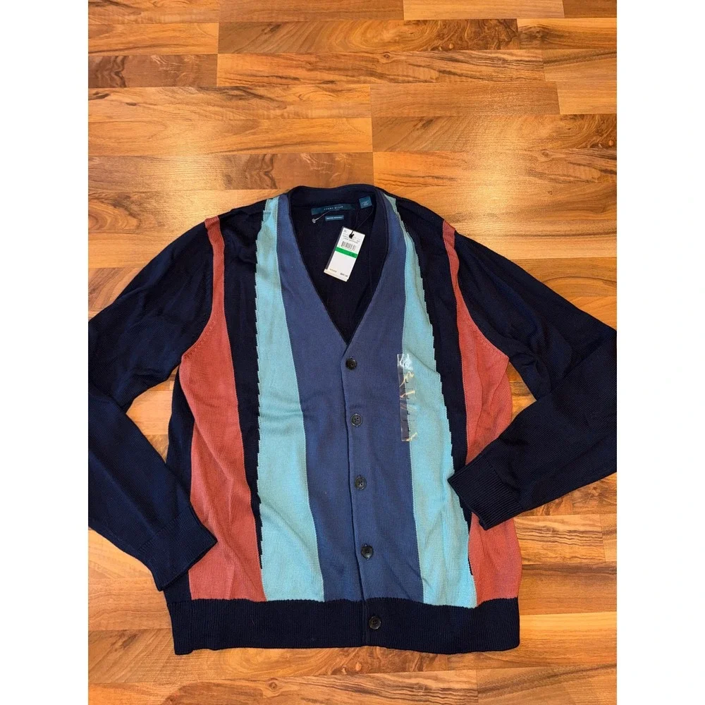 Perry Ellis Cardigan Sweater Mens Large Blue Colorblock NEW spring summer Easter